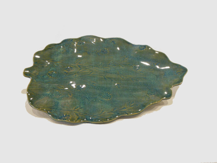 Large leaf shape tray with Earth Green by Nellie Ralat front