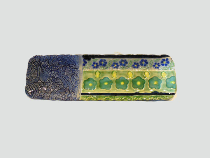 Rectangular Tray with Blue Flowers and Bees by Nellie Ralat Front