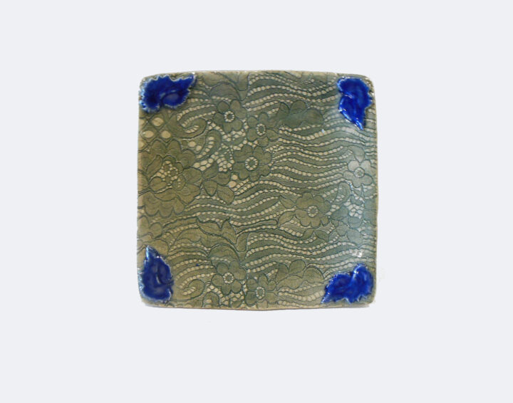Green Square Tray with Blue Corners by Nellie Ralat