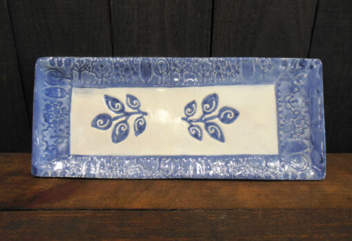 Large Rectangular Blue-White Tray with Plants by Nellie Ralat front
