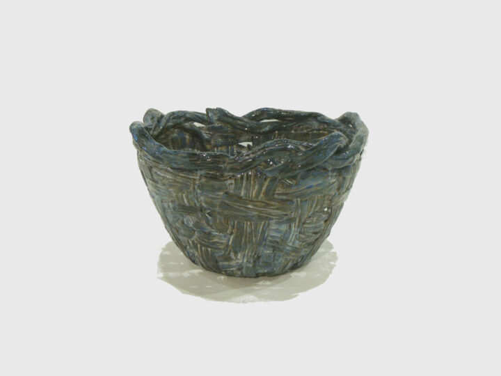 Blue and Gray Round Basket by Janet McGregor Dunn side