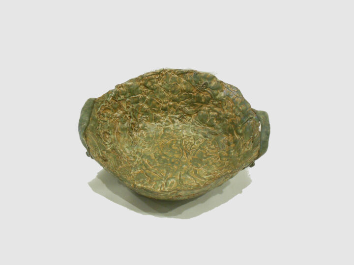 Green and Tan Bowl with 2 Handles by Janet McGregor Dunn Front