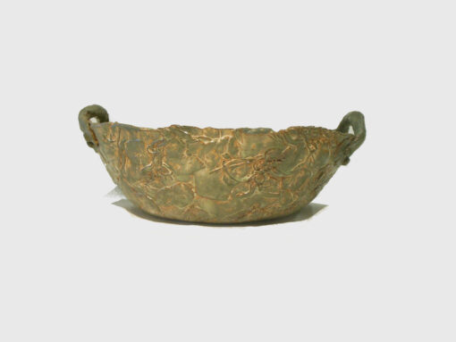 Green and Tan Bowl with 2 Handles by Janet McGregor Dunn side