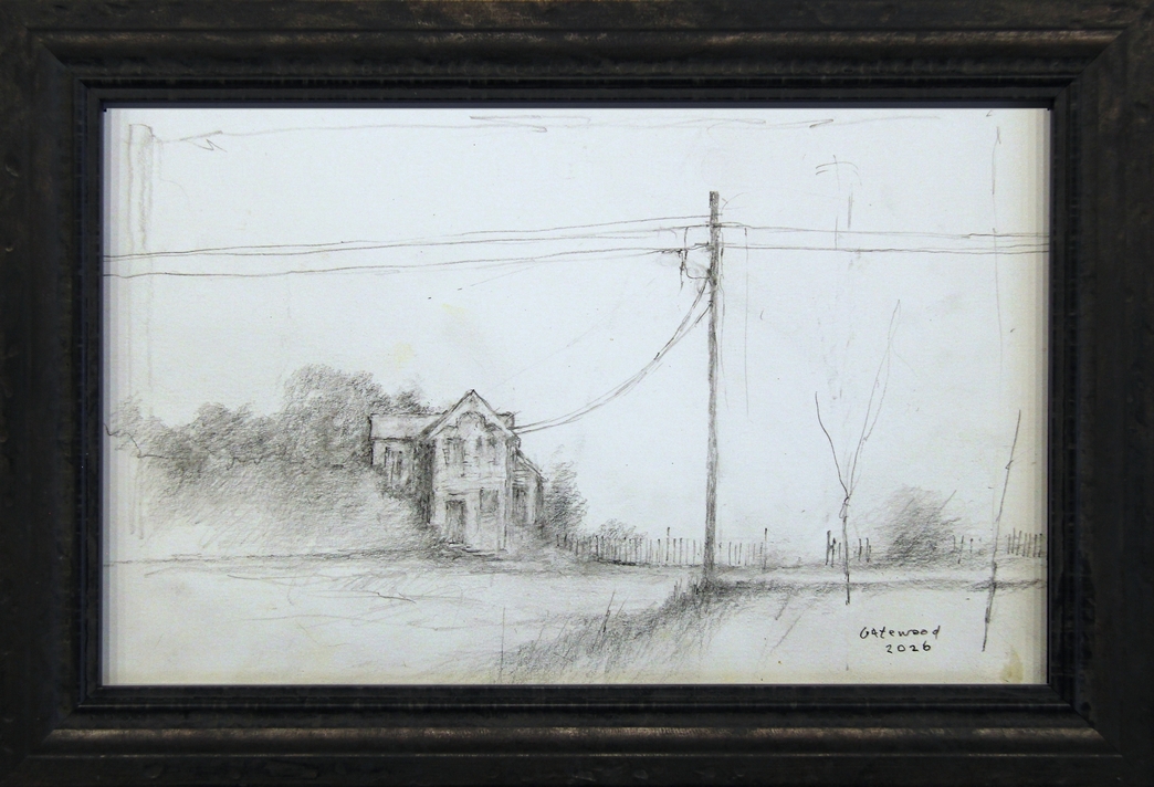 Drawing of House on the Left with light pole Center by Charles Gatewood