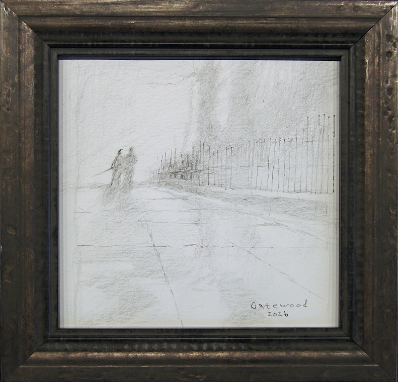 Drawing of two figures on misty road by Charles Gatewood